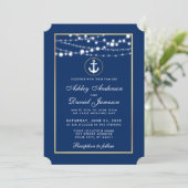 Nautical Wedding Blue Gold String Lights Kaart (Staand voorkant)