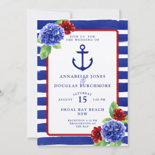 Nautical Wedding Blue Red Hydrangea Waterverf Kaart (Voorkant)
