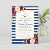 Nautical Wedding Blue Stripes Burgundy Invite B Kaart (Staand voorkant)