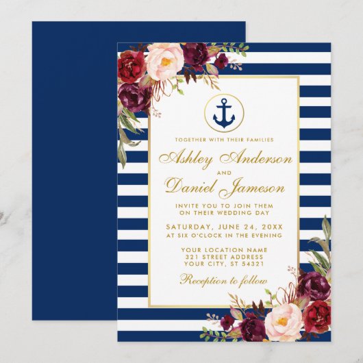 Nautical Wedding Blue Stripes Burgundy Invite GB Kaart (Voorkant / Achterkant)