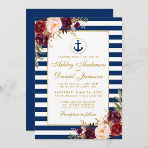 Nautical Wedding Blue Stripes Burgundy Invite GB Kaart