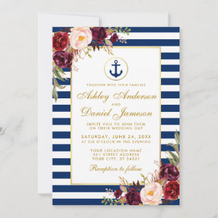 Nautical Wedding Blue Stripes Burgundy Invite GW Kaart