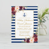 Nautical Wedding Blue Stripes Burgundy Invite GW Kaart (Staand voorkant)
