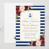Nautical Wedding Blue Stripes Burgundy Invite GW Kaart (Voorkant / Achterkant)