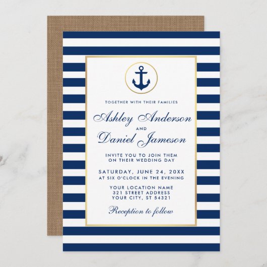 Nautical Wedding Blue Stripes Burlap Invite Kaart (Voorkant / Achterkant)