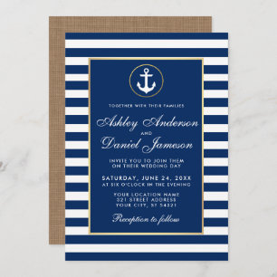 Nautical Wedding Blue Stripes Burlap Invite Kaart