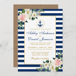 Nautical Wedding Blue Stripes Floral Burlap Kaart