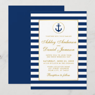 Nautical Wedding Blue Stripes Gold Invitation GB Kaart