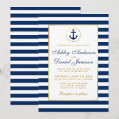 Nautical Wedding Blue Stripes Gold Invitation Kaart (Voorkant / Achterkant)