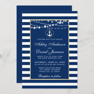 Nautical Wedding Blue Stripes Lights Invite B Kaart