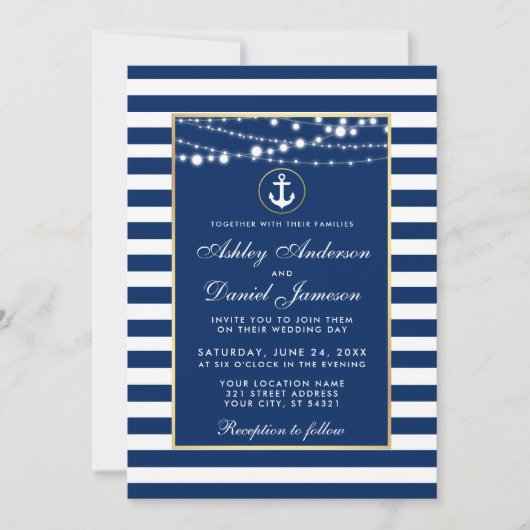 Nautical Wedding Blue Stripes Lights Uitnodigen W Kaart (Voorkant)