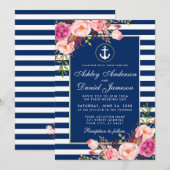 Nautical Wedding Blue Stripes Pink Floral Invite Kaart (Voorkant / Achterkant)