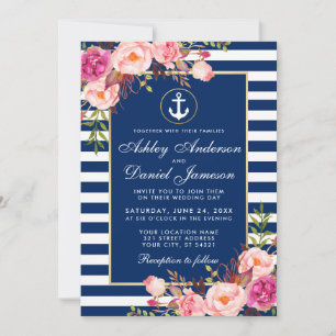 Nautical Wedding Blue Stripes Pink Floral Invite Kaart