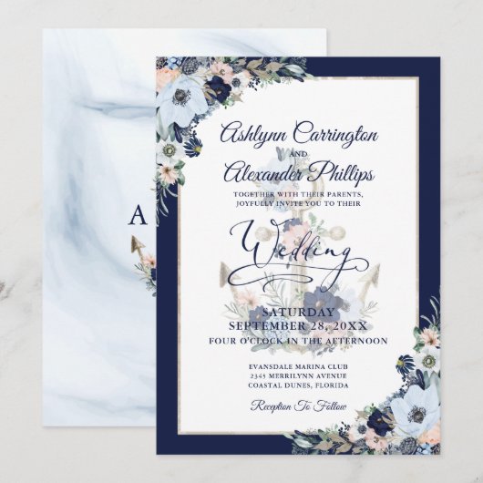 Nautical Wedding Elegant Floral Anchor Uitnodiging (Voorkant / Achterkant)
