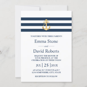 Nautical Wedding Gold Anchor Navy Stripes Kaart