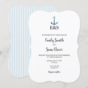 Nautical Wedding Monogram Blue Stripe Uitnodiging