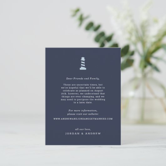 Nautical Wedding Postponement Card Insert Navy Informatiekaartje (Staand voorkant)