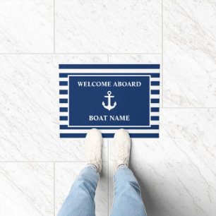 Nautical Welcome Aboard Anchor Navy Blue Striped Deurmat