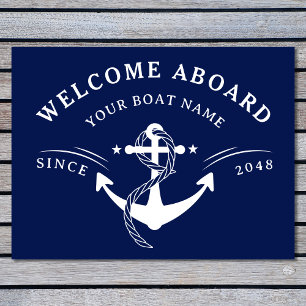 Nautical Welcome Aboard Naam Anchor Navy Blue Deurmat