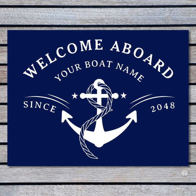 Nautical Welcome Aboard Naam Anchor Navy Blue Deurmat (Creator heeft geüpload)