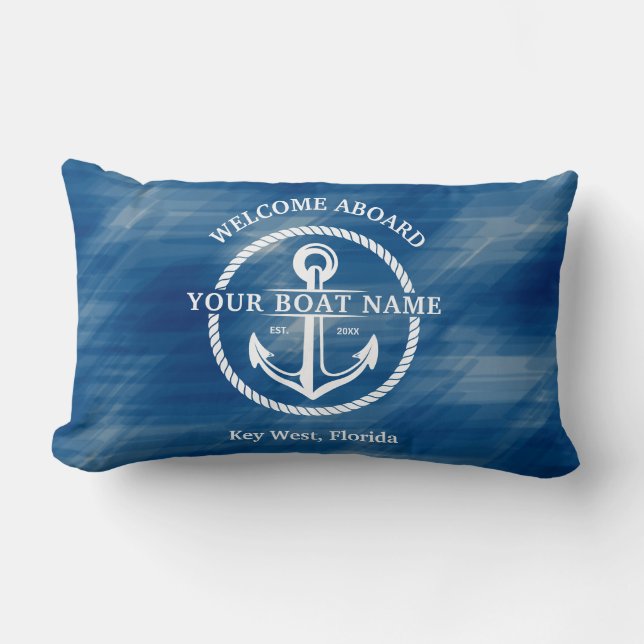 Nautical Welcome Aboard Naam Anchor Navy Blue Kussen (Voorkant)