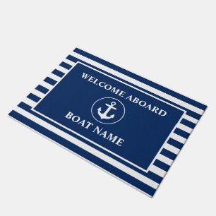 Nautical Welcome Aboard Navy Blue Striped Anchor Deurmat