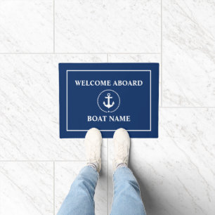 Nautical Welcome Anchor Rope Boat Name Blue Deurmat