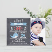 Nautical Whale Chalkboard 1st Birthday Invitation (Debout devant)