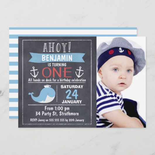 Nautical Whale Chalkboard 1st Birthday Invitation (Devant / Derrière)