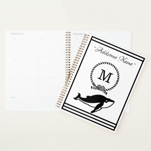 Nautical Whale Monogram Elegant Black White Planner (Display)