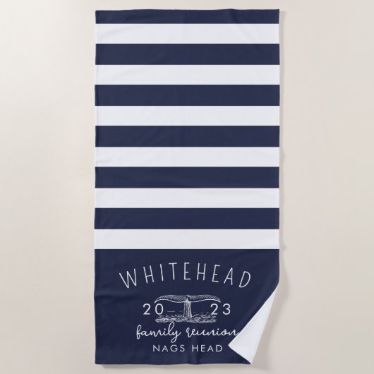 Nautical Whale Tail Stripe Navy Monogram Strandlaken (Voorkant)