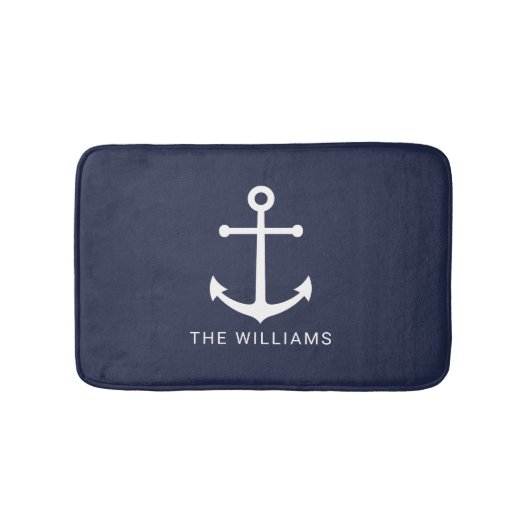 Nautical White Anchor and Custom Name on Navy Blue Badmat (Voorkant)