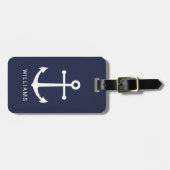 Nautical White Anchor and Custom Name on Navy Blue Bagagelabel (Voorkant horizontaal)