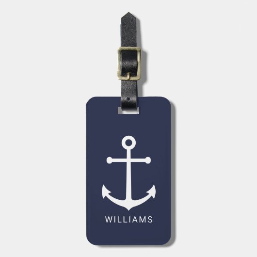 Nautical White Anchor and Custom Name on Navy Blue Bagagelabel (Voorkant verticaal)