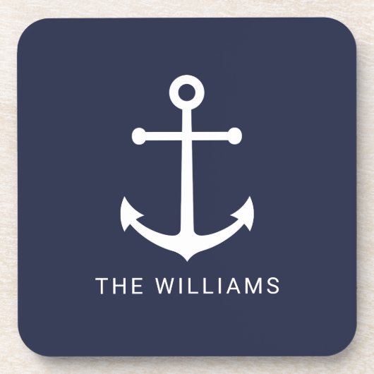 Nautical White Anchor and Custom Name on Navy Blue Bier Onderzetter (Voorkant)