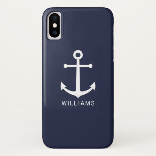 Nautical White Anchor and Custom Name on Navy Blue iPhone X Hoesje