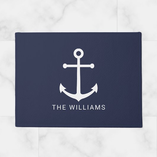 Nautical White Anchor and Custom Name on Navy Blue Deurmat