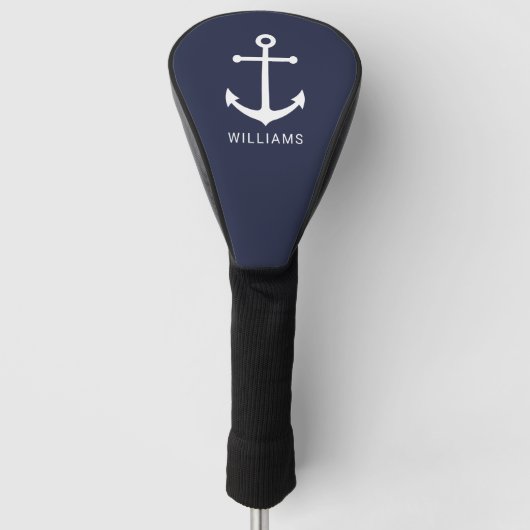Nautical White Anchor and Custom Name on Navy Blue Golfheadcover (Voorkant)