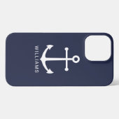 Nautical White Anchor and Custom Name on Navy Blue iPhone Hoesje (Achterkant horizontaal)