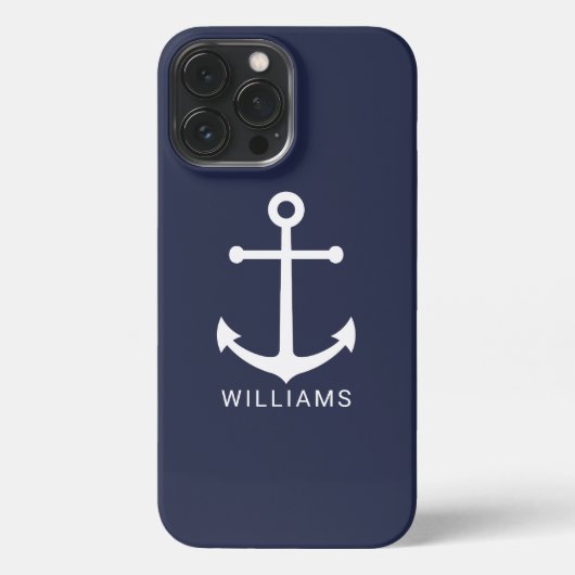 Nautical White Anchor and Custom Name on Navy Blue iPhone Hoesje (Achterkant)