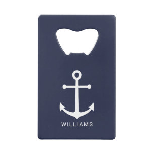 Nautical White Anchor and Custom Name on Navy Blue Kredietkaart Flessenopener