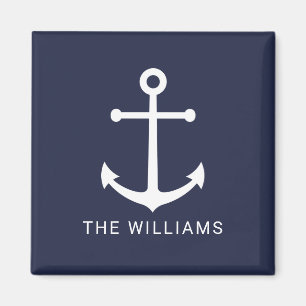 Nautical White Anchor and Custom Name on Navy Blue Magneet