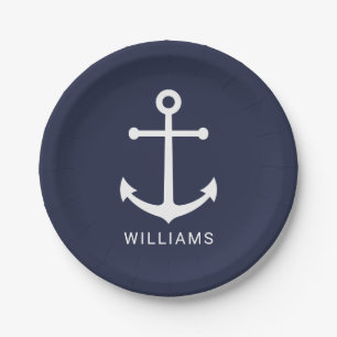 Nautical White Anchor and Custom Name on Navy Blue Papieren Bordje