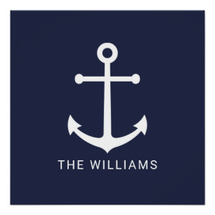 Nautical White Anchor and Custom Name on Navy Blue Perfect Poster