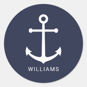 Nautical White Anchor and Custom Name on Navy Blue Ronde Sticker