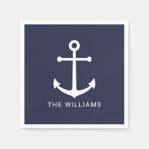 Nautical White Anchor and Custom Name on Navy Blue Servet