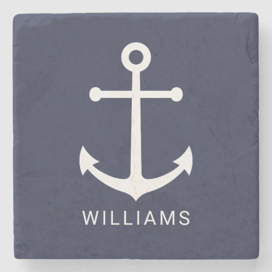 Nautical White Anchor and Custom Name on Navy Blue Stenen Onderzetter (Voorkant)