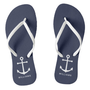 Nautical White Anchor and Custom Name on Navy Blue Teenslippers