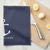 Nautical White Anchor and Custom Name on Navy Blue Theedoek (Quarter Fold)