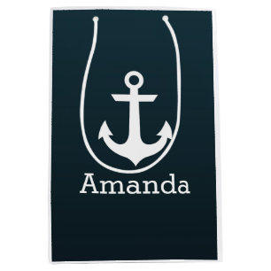 Nautical White Anchor Blue Ombre Persoonlijke naam Medium Cadeauzakje